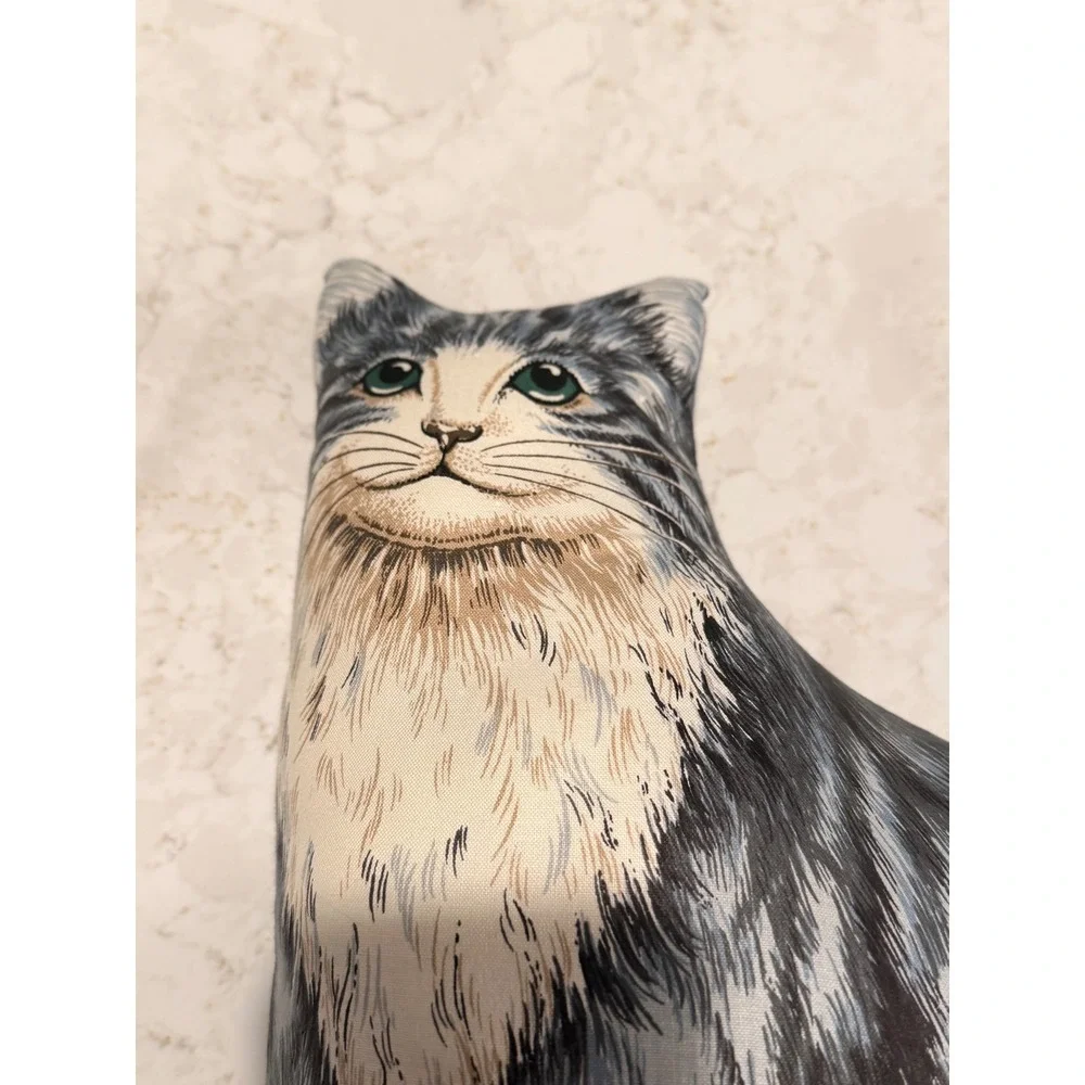 Vintage‎ Grey Tabby Cat Cottagecore Fabric Grandmacore Decorative Pillow 14 Inch